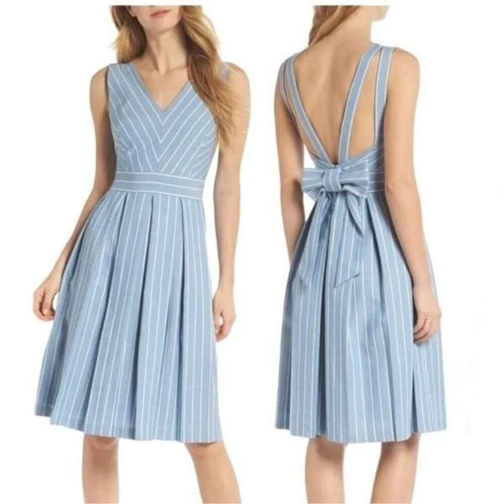 Gal Meets Glam Blue Striped Fit and Flare Dress Size 10